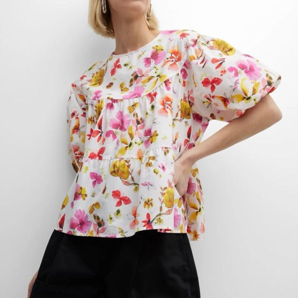Merlette Medium Floral Tiered Babydoll Blouse Puff Sleeve Pima Cotton